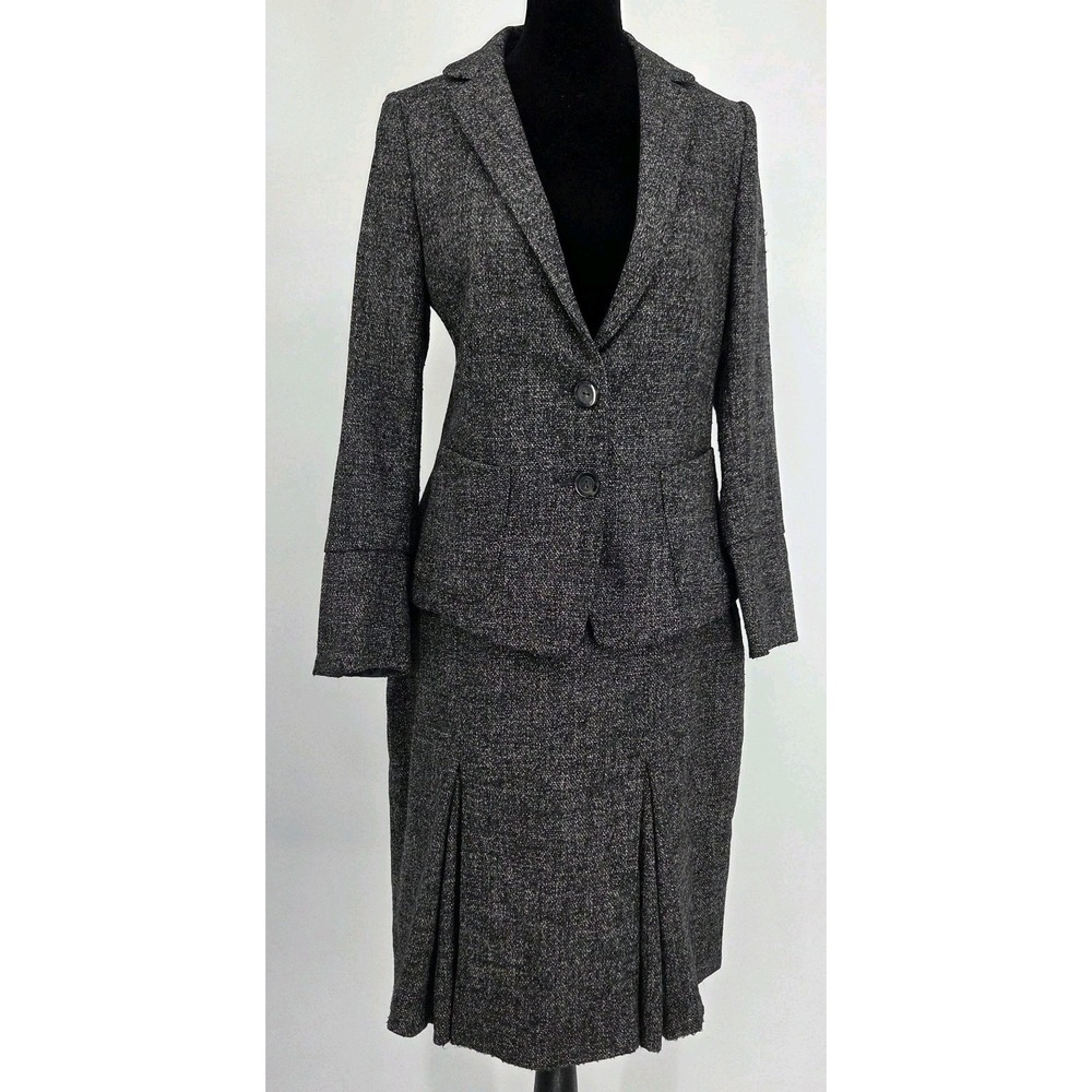 Blue Les Copains Tweed Wool Blend Skirt Suit Blazer 6 Pleated Skirt 8 Gray